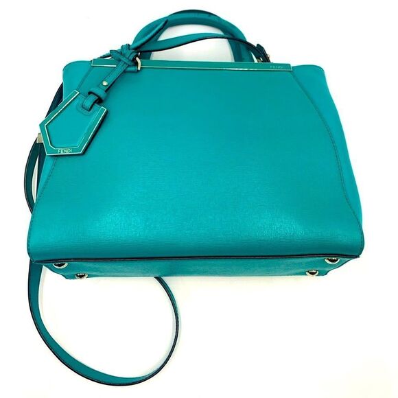 Auth Fendi 2Jours Petit 2way Turquoise Lagoon Saffiano Leather Tote Bag Preloved - Picture 5 of 16